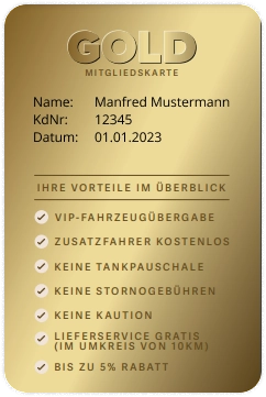 Goldene Mitgliedskarte der Firma Mietwagen.NRW